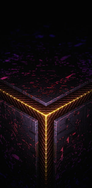 Asus ROG Cyberpunk Geometric Structure with Neon Orange and Purple Circuitry HD phone wallpaper