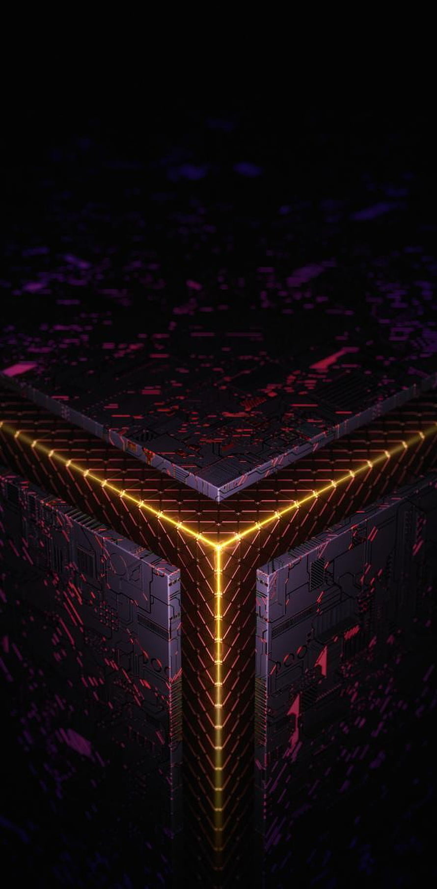 Asus ROG Cyberpunk Geometric Structure with Neon Orange and Purple Circuitry HD phone wallpaper