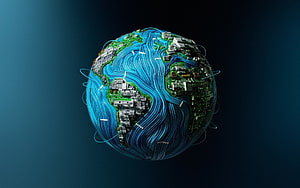 Digital Earth Globe with Circuit Board Continents and Blue Data Streams HD wallpaper