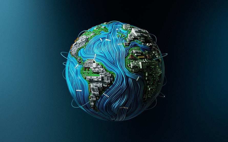 Digital Earth Globe with Circuit Board Continents and Blue Data Streams HD wallpaper
