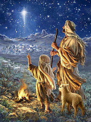 Shepherds Gazing at the Star of Bethlehem in a Snowy Night Landscape HD phone wallpaper