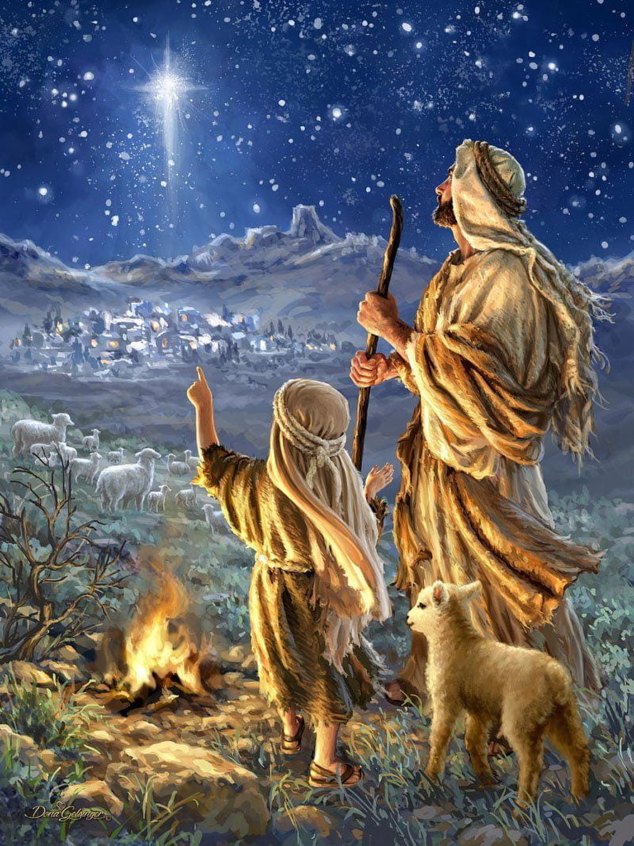 Shepherds Gazing at the Star of Bethlehem in a Snowy Night Landscape HD phone wallpaper
