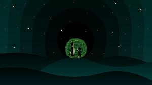 Rick and Morty Minimalist Portal Scene with Silhouetted Characters in Dark Landscape HD wallpaper