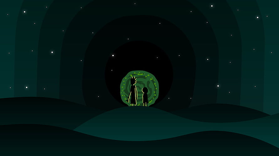 Rick and Morty Minimalist Portal Scene with Silhouetted Characters in Dark Landscape HD wallpaper