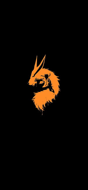 Naruto Uzumaki and Nine-Tails Fox Silhouette in Orange on Black Background HD phone wallpaper