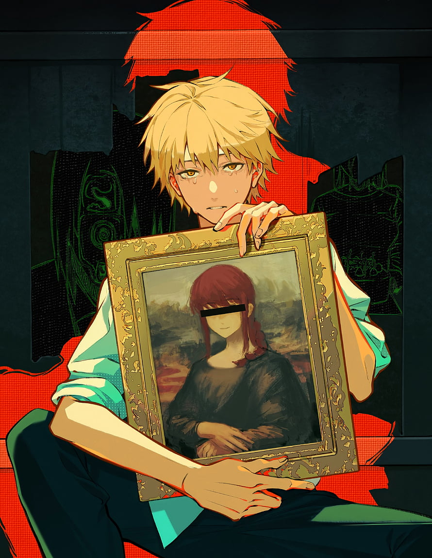 Chainsaw Man Denji Holding Framed Portrait of Makima in Dark Anime Illustration, Chainsaw man, Chainsawman, Denji, Anime, Makima, Manga HD phone wallpaper