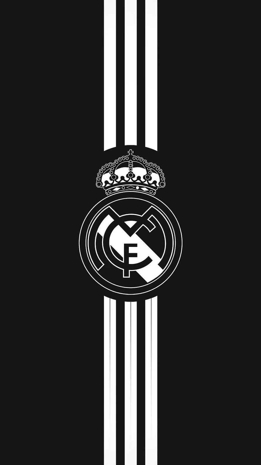 Real Madrid Club Crest with Royal Crown on Black Background with Vertical White Stripes HD phone wallpaper