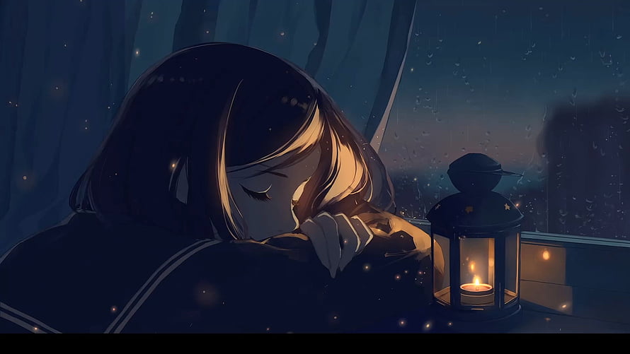 Anime Girl Sleeping by Candlelight in Rainy Night Scene HD wallpaper