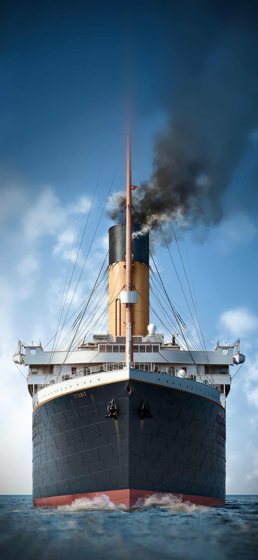 RMS Titanic sailing on the open ocean with smoke billowing from its funnel HD phone wallpaper