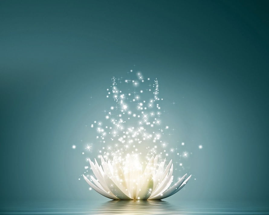 Glowing White Lotus Flower with Rising Sparkles on Teal Background HD wallpaper
