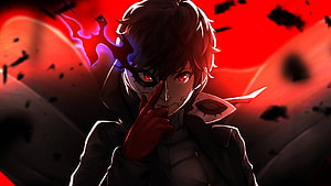 Joker Persona 5 Anime Character with Red Eyes and Dark Wings HD wallpaper