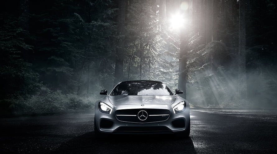 Silver Mercedes-AMG GT Coupe Front View in Misty Forest with Sunbeams HD wallpaper