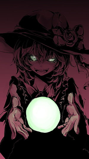 Touhou Project Witch Character Holding Glowing Green Orb in Dark Fantasy Style HD phone wallpaper