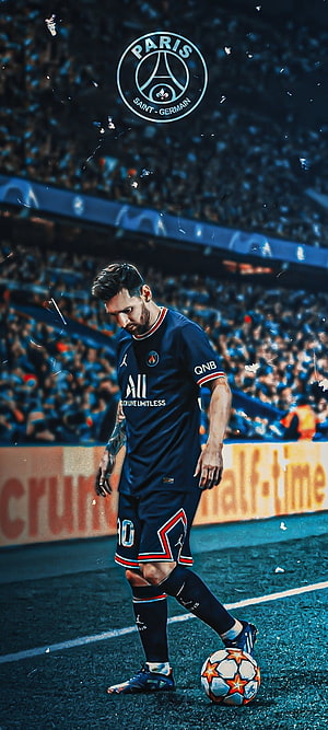 Lionel Messi in Paris Saint-Germain Kit with Soccer Ball on Pitch HD phone wallpaper