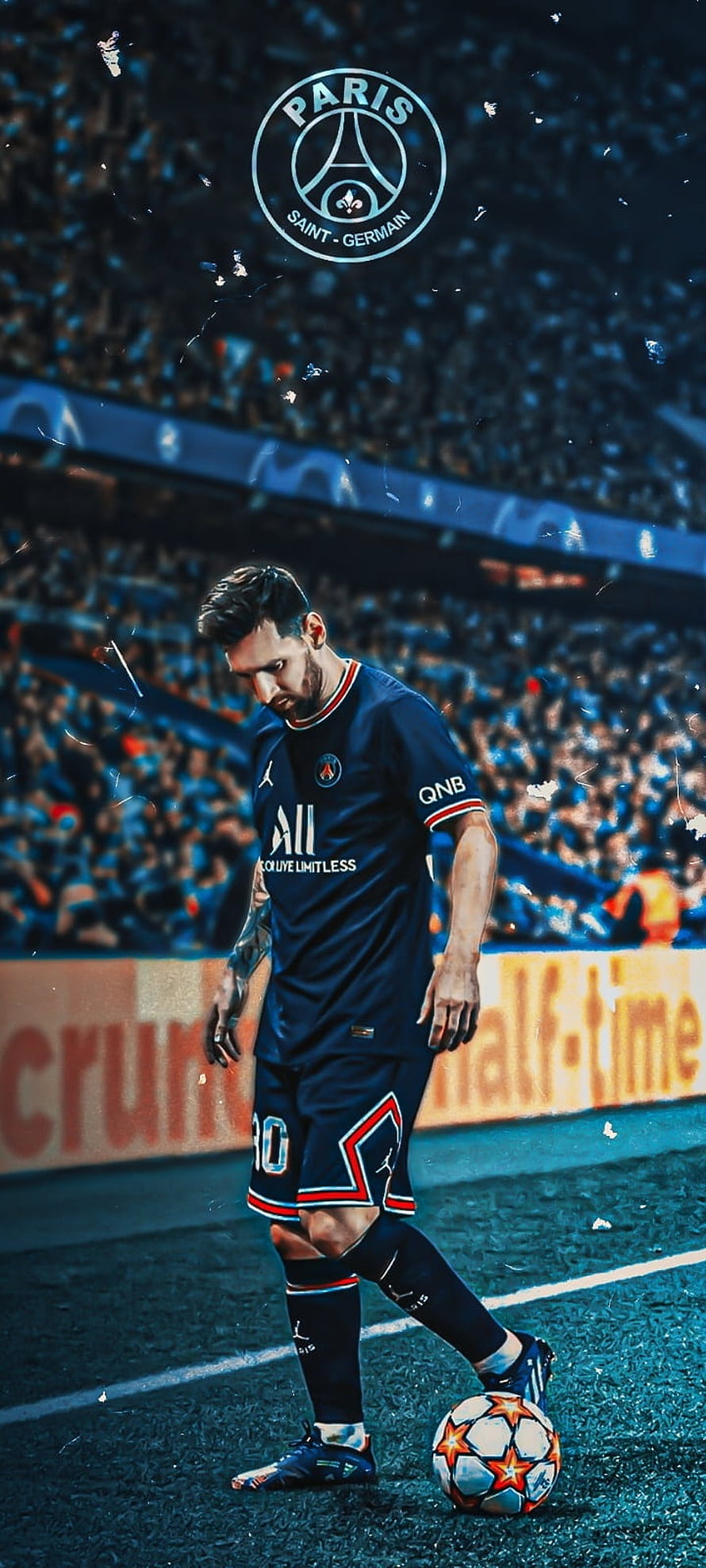 Lionel Messi in Paris Saint-Germain Kit with Soccer Ball on Pitch HD phone wallpaper