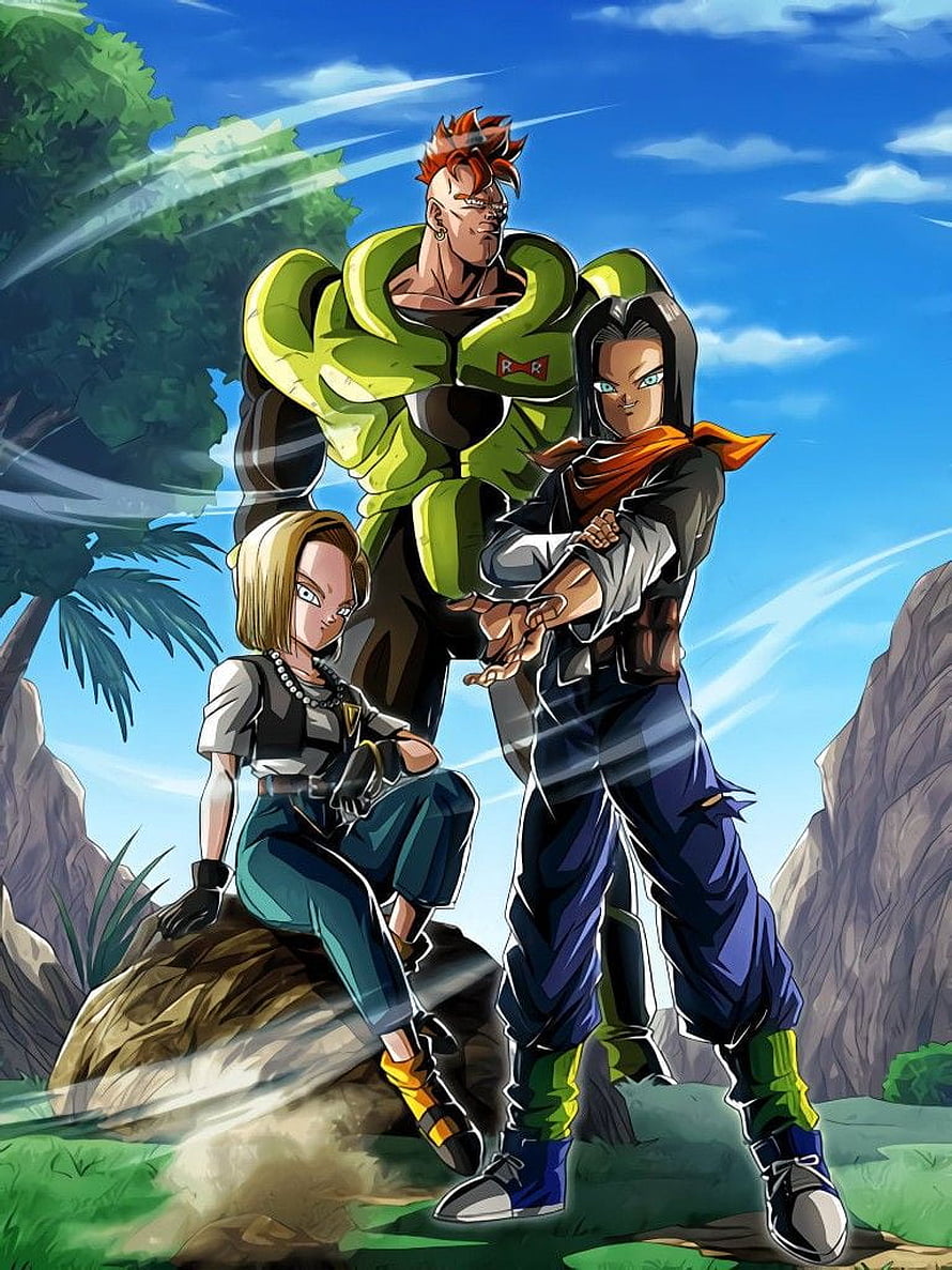 Android 16, 17, and 18 Team-Up in Dragon Ball Super Anime Illustration HD phone wallpaper