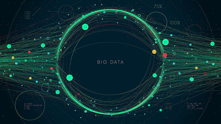 Abstract Big Data Network Visualization with Glowing Green Nodes and Connection Lines on Dark Background HD wallpaper