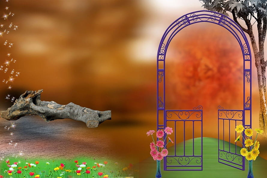 Purple Wrought Iron Garden Arch With Floral Vases And Autumn Meadow HD wallpaper