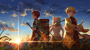 Tanjiro, Zenitsu, and Inosuke Walking at Sunset - Demon Slayer Anime Wallpaper HD wallpaper