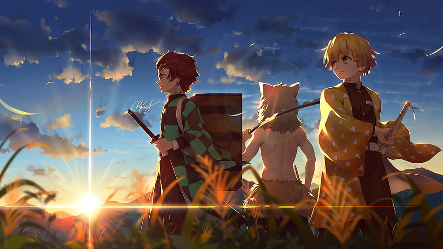 Tanjiro, Zenitsu, and Inosuke Walking at Sunset - Demon Slayer Anime Wallpaper HD wallpaper