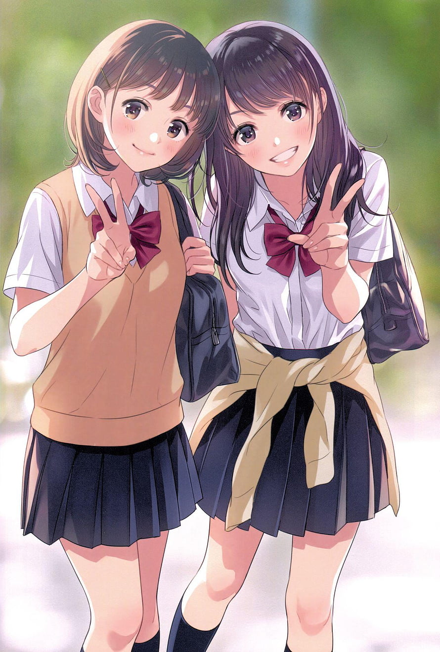 Two Anime Schoolgirls in Uniforms Making Peace Signs with Backpacks HD phone wallpaper
