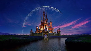 Enchanted Cinderella Castle at Night with Magical Fireworks Arch Over Water HD wallpaper