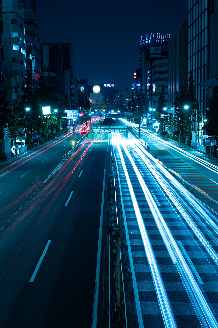 Long Exposure Night City Street with Blue and Red Light Trails HD phone wallpaper