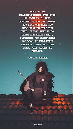 Uchiha Madara Sitting on Roof with Quote About Reality and Pain HD phone wallpaper