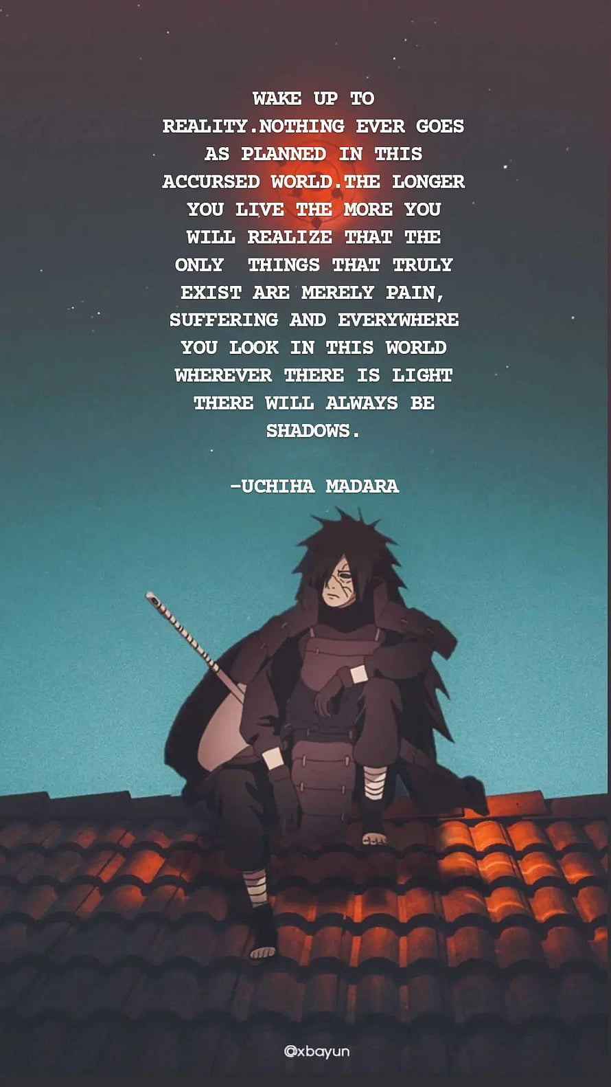 Uchiha Madara Sitting on Roof with Quote About Reality and Pain HD phone wallpaper