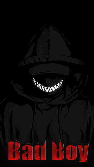 Dark Hooded Figure with Grinning Teeth and Red Bad Boy Text on Black Background HD phone wallpaper