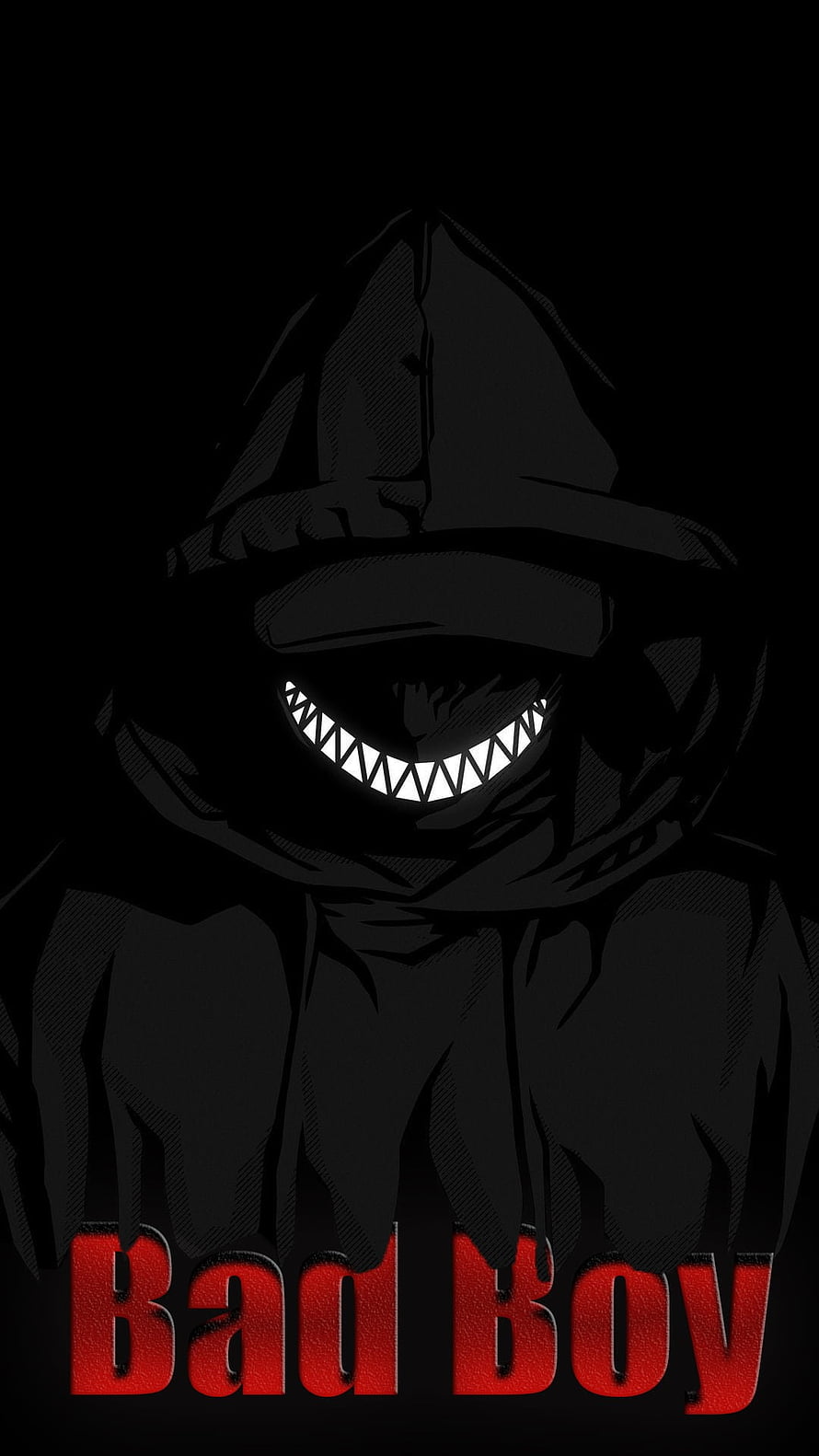 Dark Hooded Figure with Grinning Teeth and Red Bad Boy Text on Black Background HD phone wallpaper