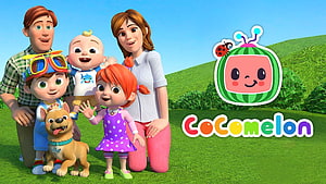 Cocomelon Family and Dog in Sunny Meadow with Watermelon Logo HD wallpaper