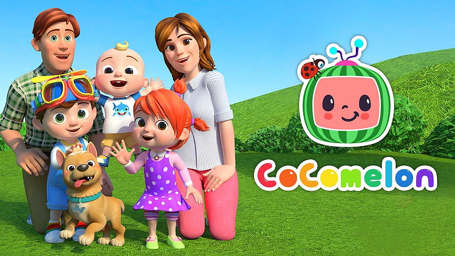 Cocomelon Family and Dog in Sunny Meadow with Watermelon Logo HD wallpaper