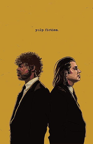 Pulp Fiction Minimalist Movie Poster Art Featuring Two Men in Black Suits on Yellow Background HD phone wallpaper