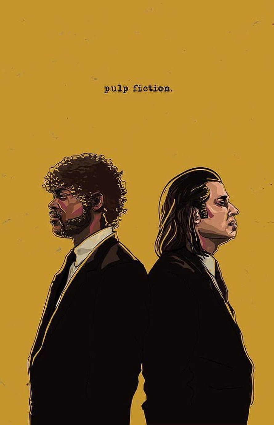 Pulp Fiction Minimalist Movie Poster Art Featuring Two Men in Black Suits on Yellow Background HD phone wallpaper