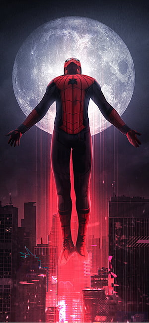 Spider-Man Floating Above City Skyline With Full Moon And Red Glow, Spider Man No Way Home, spiderman, anime, ps4 HD phone wallpaper