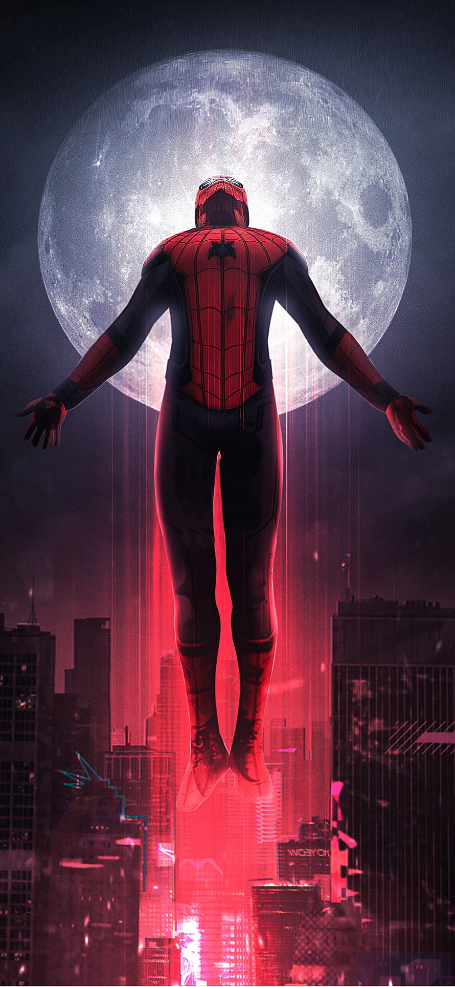 Spider-Man Floating Above City Skyline With Full Moon And Red Glow, Spider Man No Way Home, spiderman, anime, ps4 HD phone wallpaper