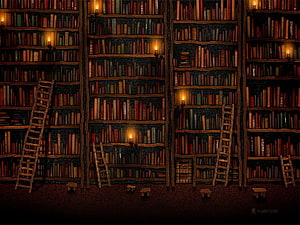 Dark Fantasy Library Interior With Wooden Ladders And Candlelight HD wallpaper