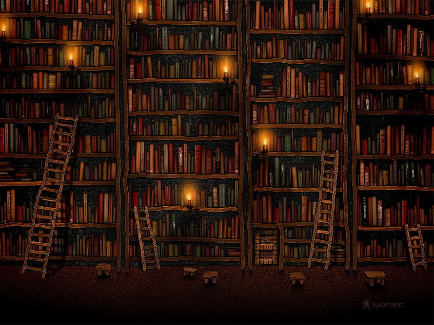Dark Fantasy Library Interior With Wooden Ladders And Candlelight HD wallpaper