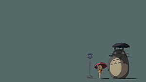 Totoro and Mei Waiting at Bus Stop with Umbrellas Anime Wallpaper HD wallpaper
