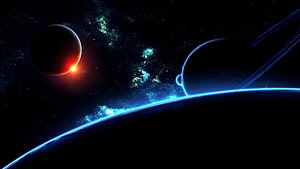 Dramatic Space Scene Featuring Ringed Planet, Red Star, and Glowing Blue Nebula HD wallpaper