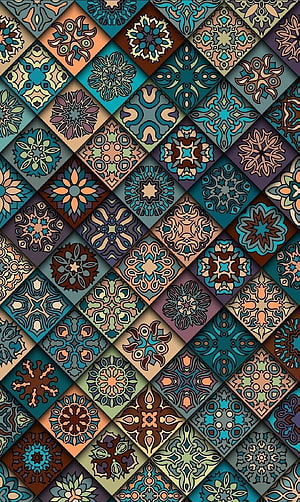 Intricate Geometric Mosaic Pattern with Vibrant Floral Motifs and Diamond Grid Layout HD phone wallpaper