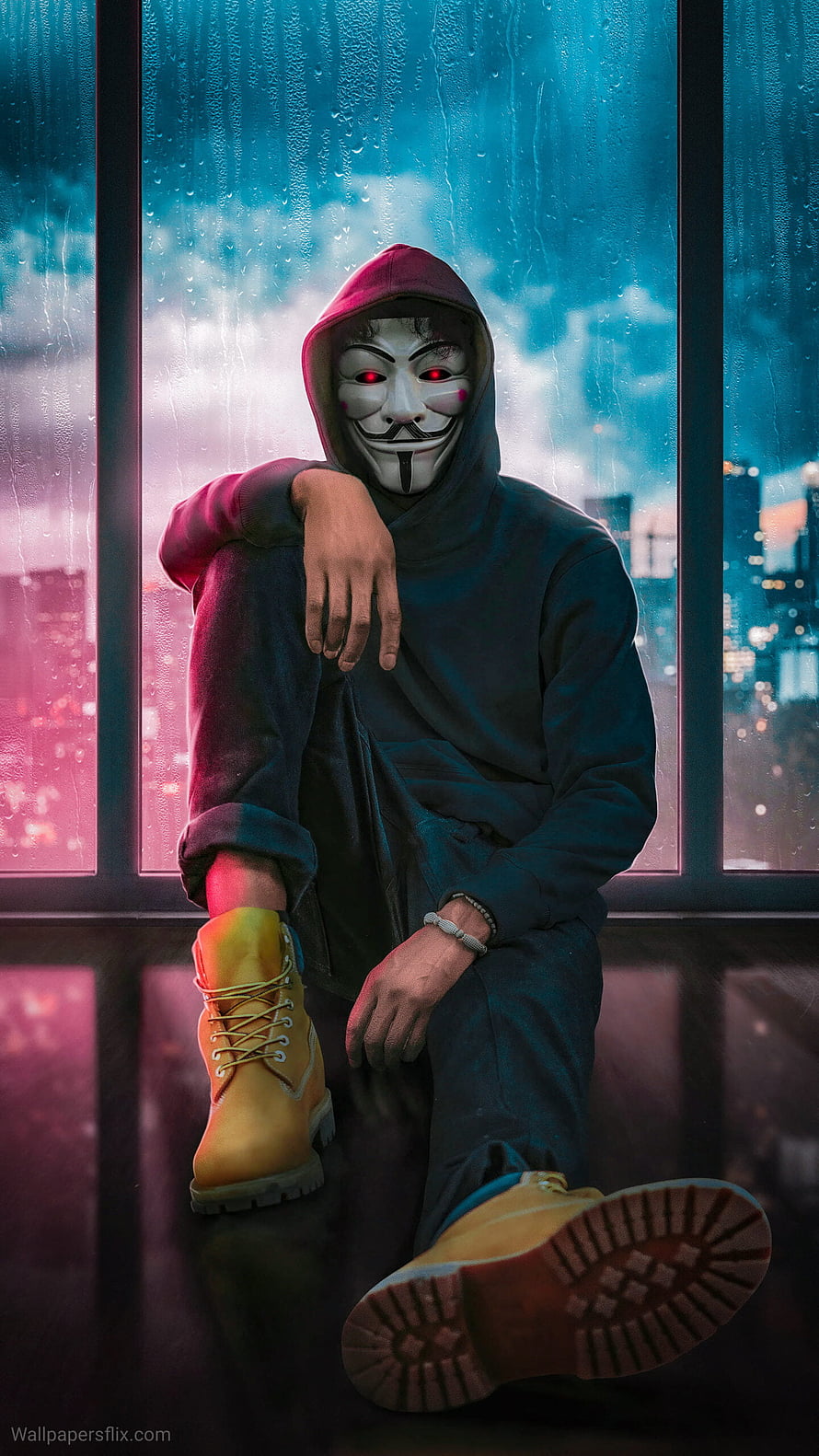 Anonymous Hacker Guy Wearing Guy Fawkes Mask Sitting By Rainy Window HD phone wallpaper