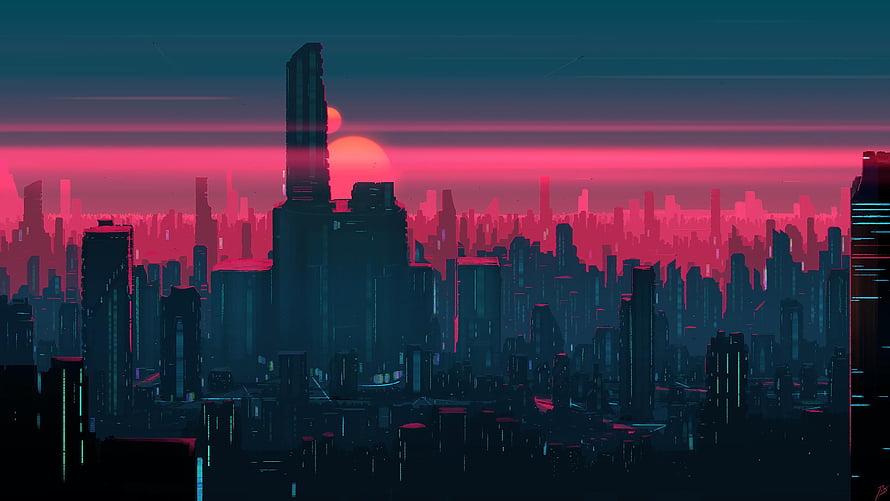 Neon Cyberpunk Cityscape at Sunset with Skyscrapers and Glowing Horizon HD wallpaper