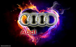 Audi Four Rings Logo with Fiery Smoke and Neon Glow on Black Background HD wallpaper