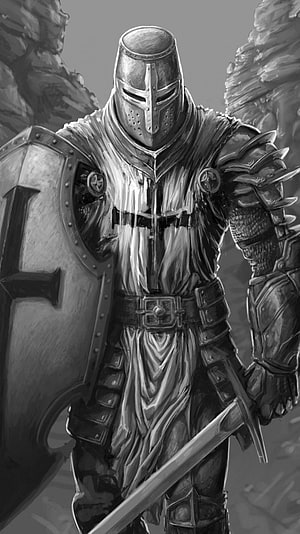 Grayscale Digital Painting of a Templar Knight in Full Plate Armor Holding a Shield and Sword HD phone wallpaper
