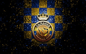 Al-Nassr FC Golden Crest on Blue and Yellow Mosaic Checkered Background HD wallpaper