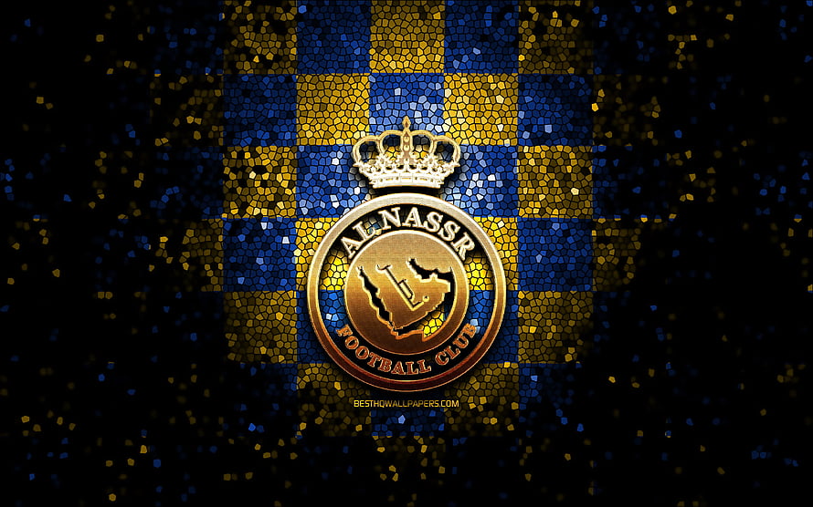 Al-Nassr FC Golden Crest on Blue and Yellow Mosaic Checkered Background HD wallpaper