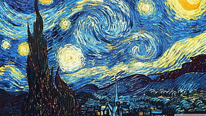 Vincent van Gogh Starry Night Oil Painting with Swirling Sky and Village HD wallpaper