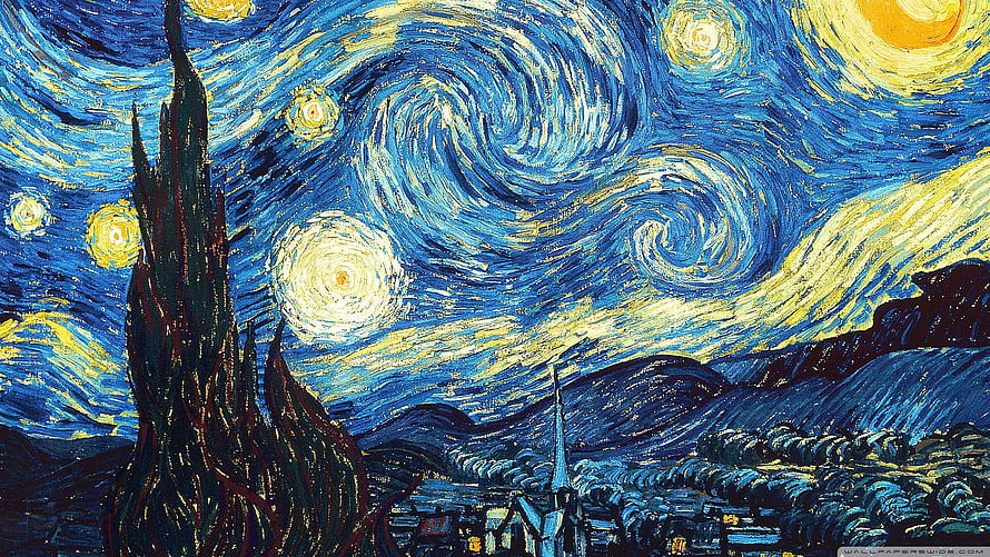 Vincent van Gogh Starry Night Oil Painting with Swirling Sky and Village HD wallpaper